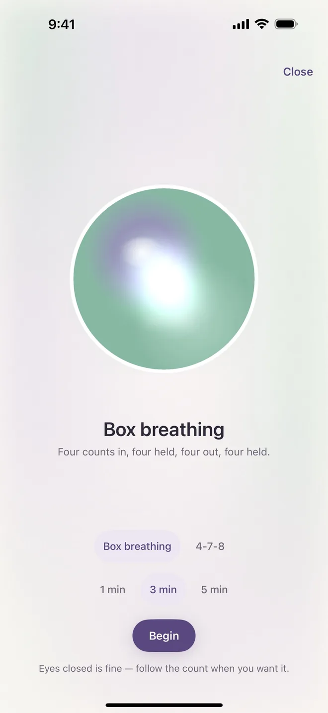 Breathing space on iPhone: a glowing sage orb above the words Box breathing, four counts in, four held, four out, four held.