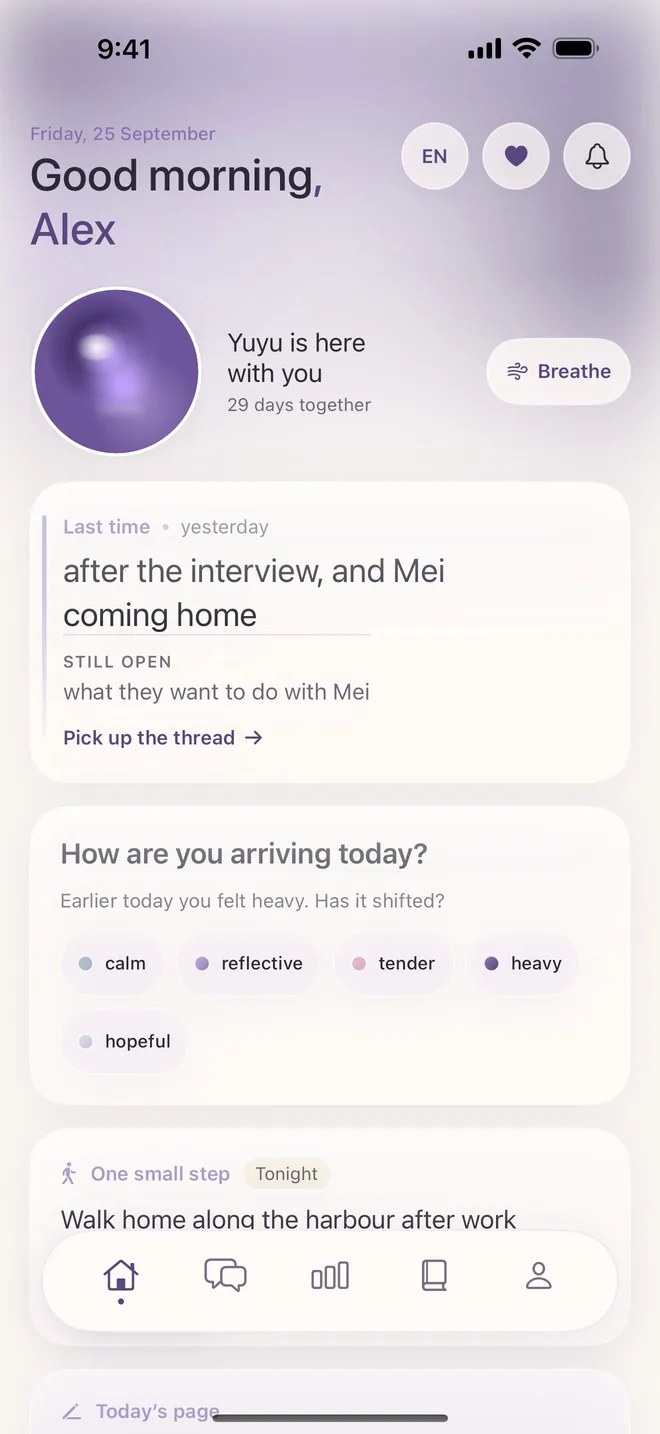 Serenio on iPhone: the Home screen greets Alex, with Yuyu, last time's thread and a mood check-in.