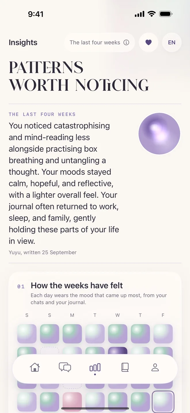 Insights on iPhone, titled Patterns worth noticing: Yuyu's summary of the last four weeks above a grid of daily moods.
