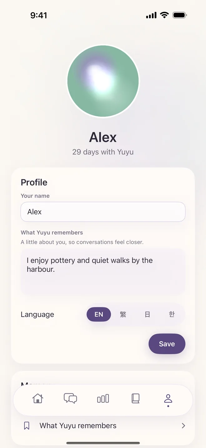 Alex's profile on iPhone: the note Yuyu remembers and a language switch for English, Traditional Chinese, Japanese and Korean.