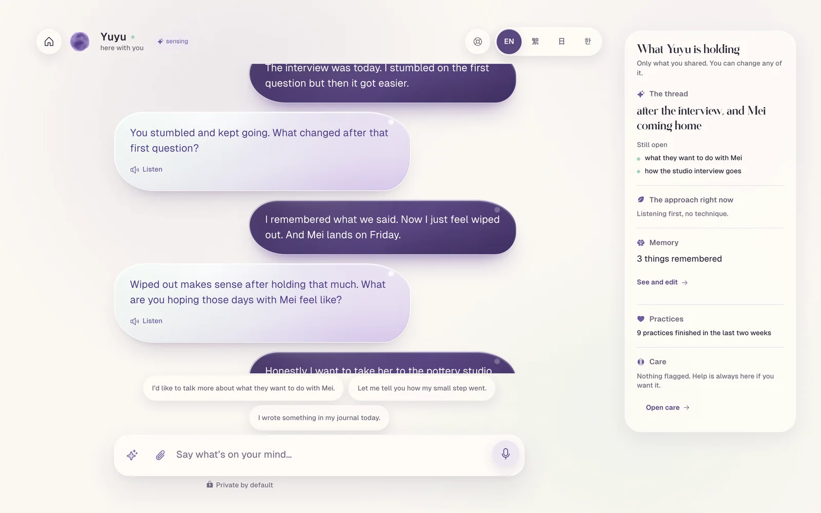 The Serenio web app: Alex talks with Yuyu about a job interview, while a side panel shows what Yuyu is holding.