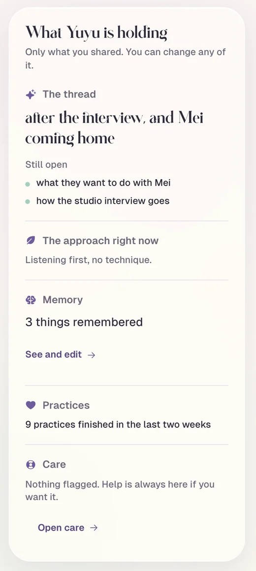 The web app's side panel, What Yuyu is holding: the thread, the approach right now (listening first, no technique), memory, practices and care.