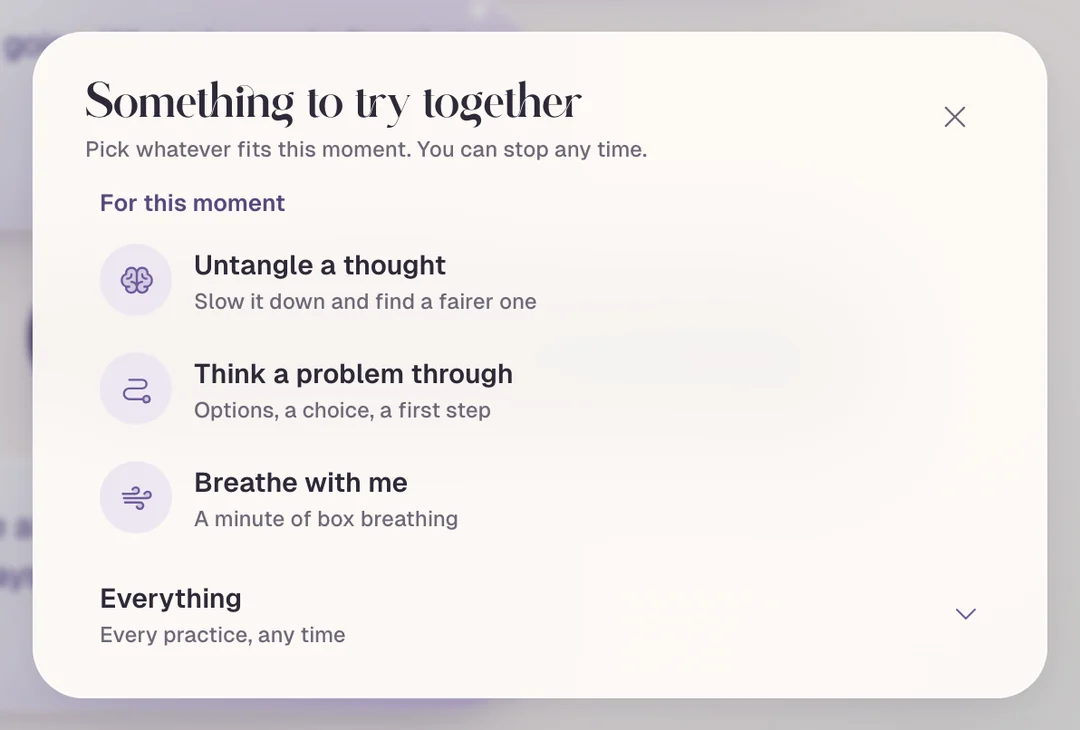 The practices panel in the web app, titled Something to try together: untangle a thought, think a problem through, breathe with me.